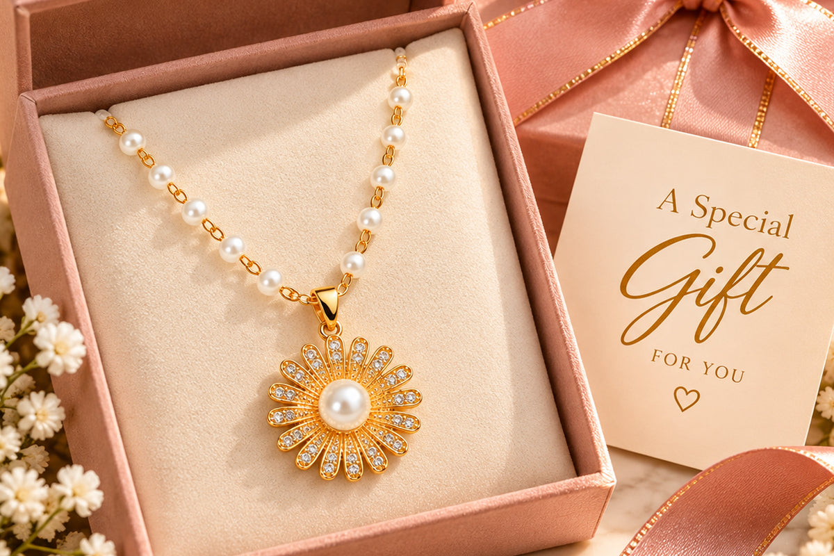 Asterials 18K Gold Plated Pearl Floral Charm Necklace for Women
