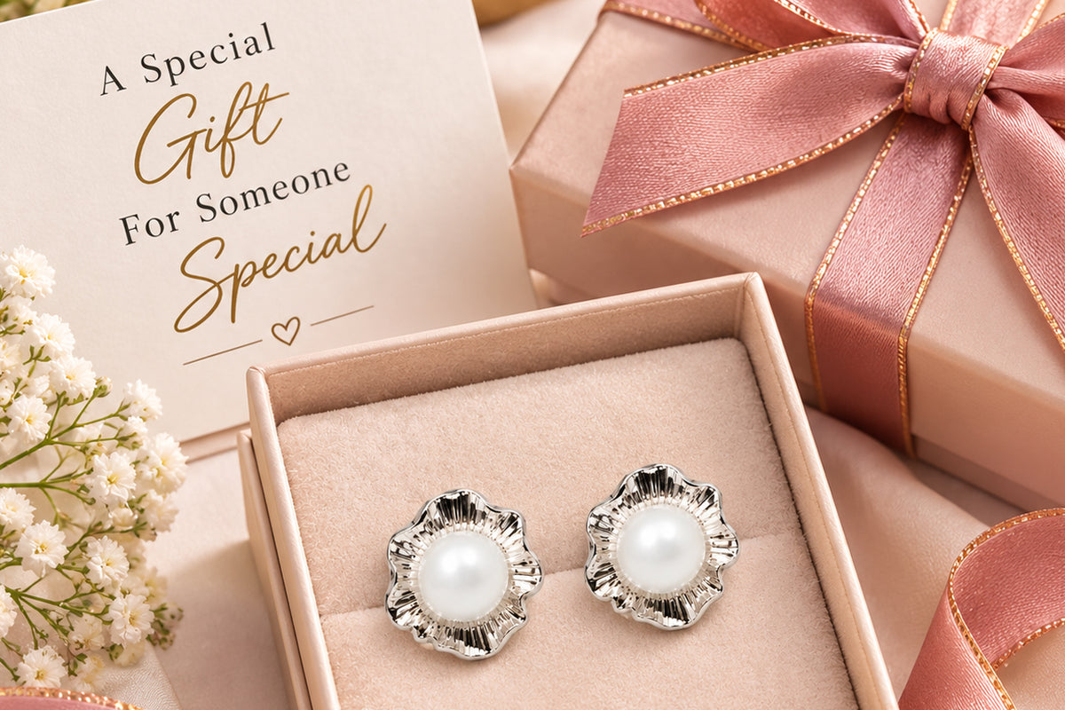 Silver-Tone Floral Pearl Stud Earrings