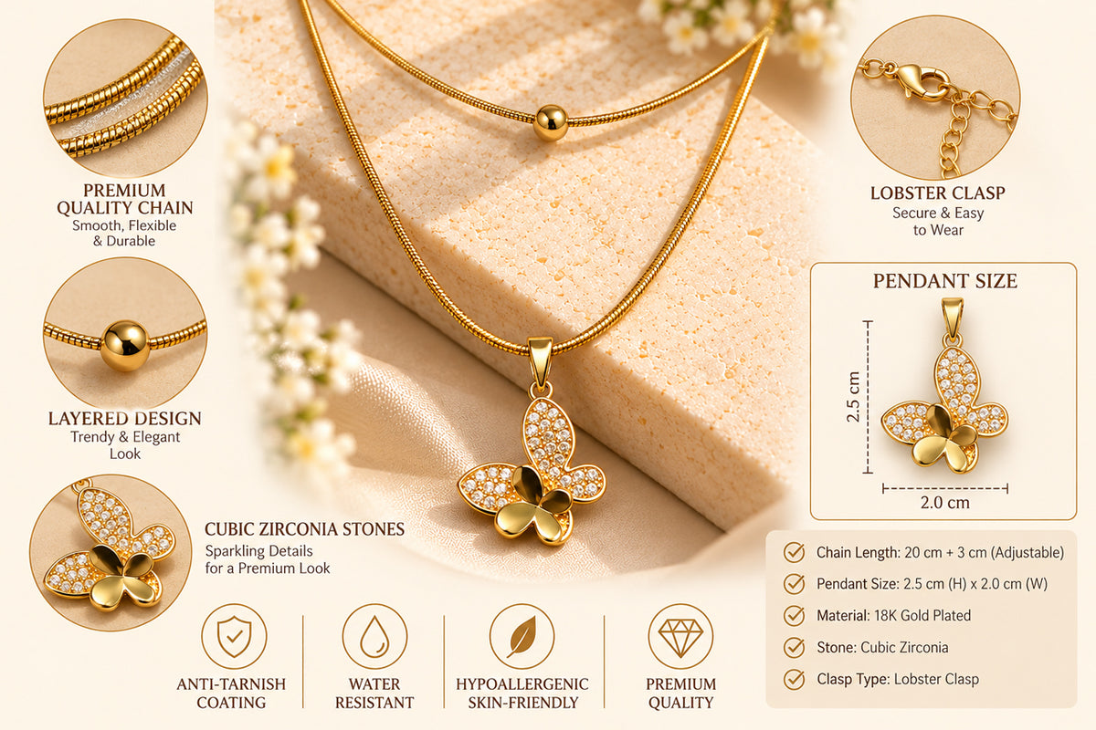 Asterials Golden Butterfly Crystal Pendant Layered Necklace