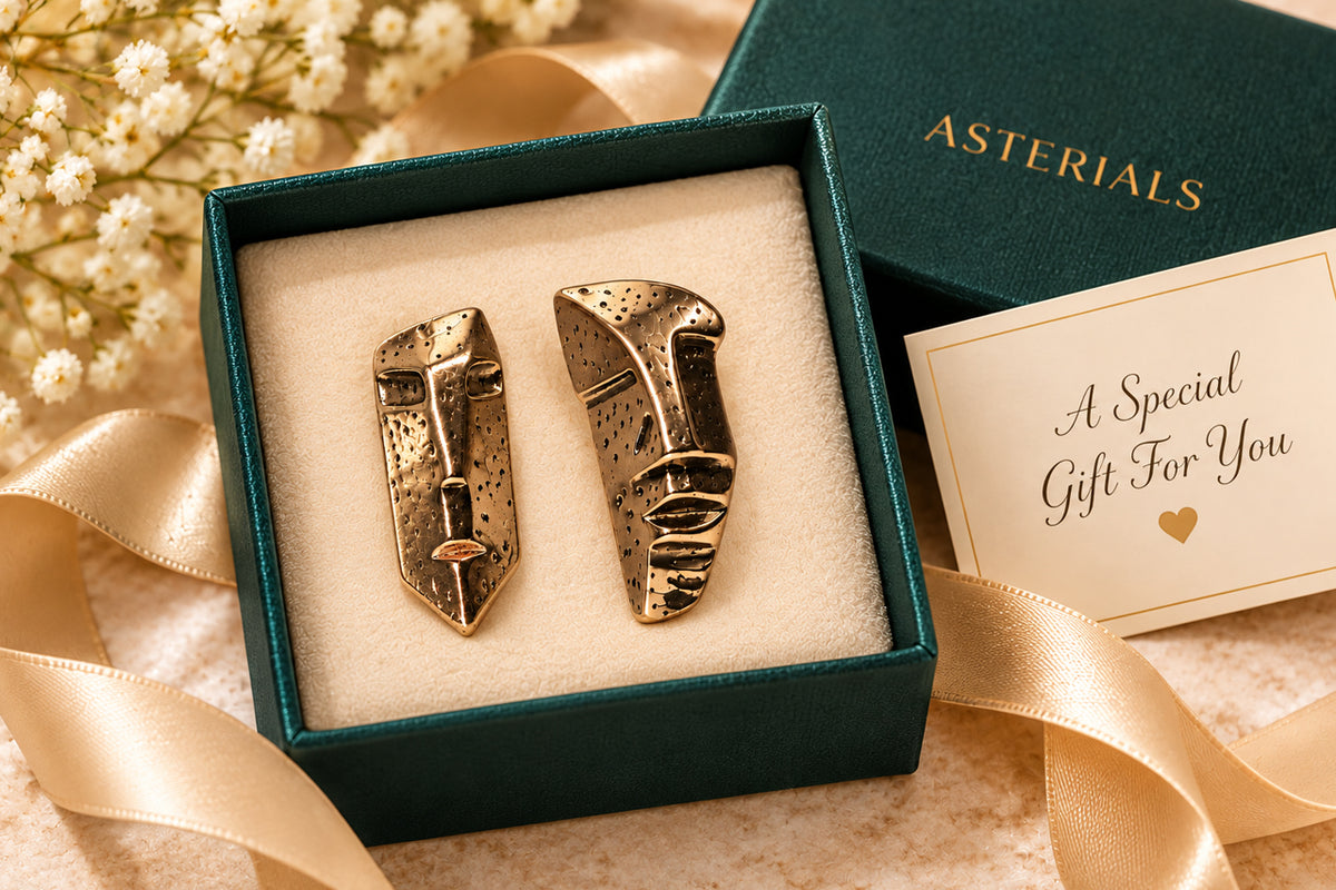 Asterials Gold-Tone Abstract Face Statement Earrings – Artistic Sculptural Design