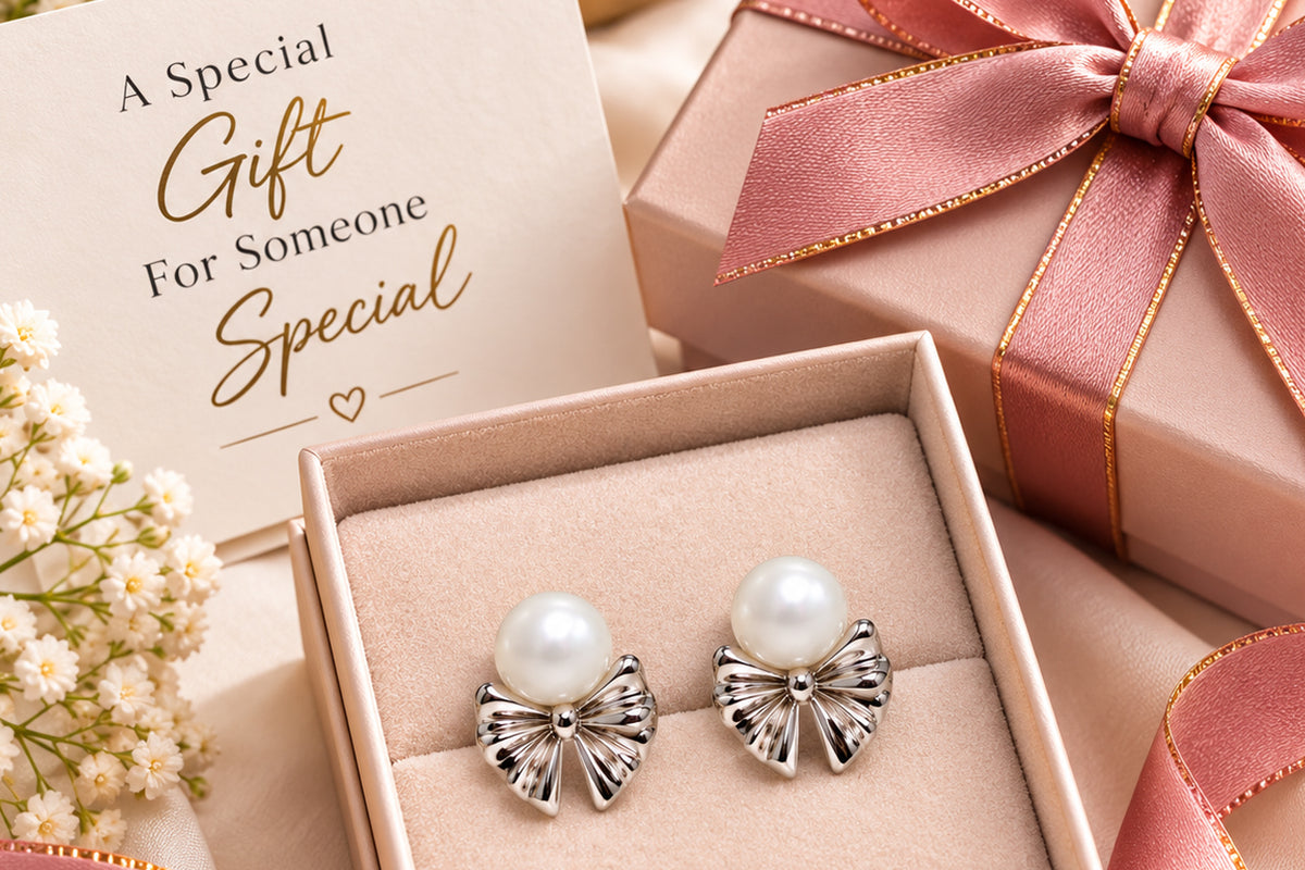 Silver-Tone Bow Pearl Stud Earrings