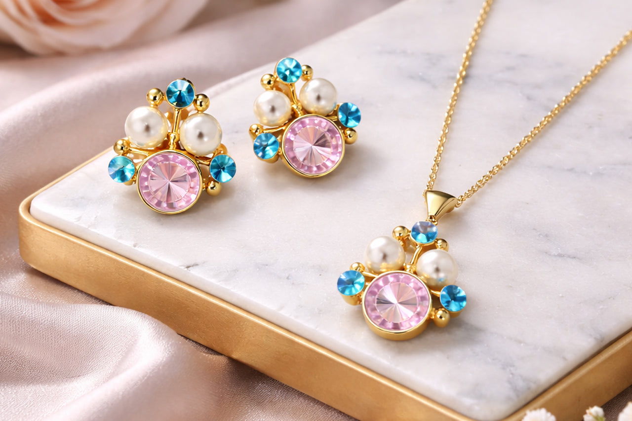 18K Gold Plated Stone with Matching Pearl & Blue Crystal Necklace Set
