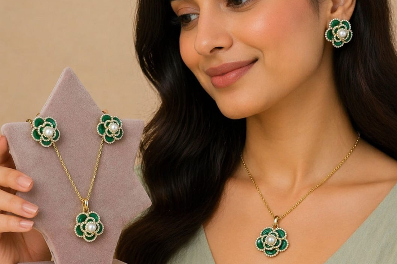 18K Gold Plated Green Floral Pendant Necklace Set with Earrings for Women