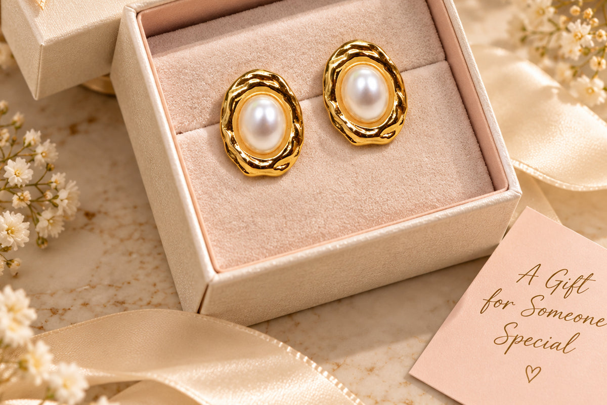 Asterials 18K Gold Plated Pearl Stud Earrings for Women – Textured Oval Anti-Tarnish Jewellery