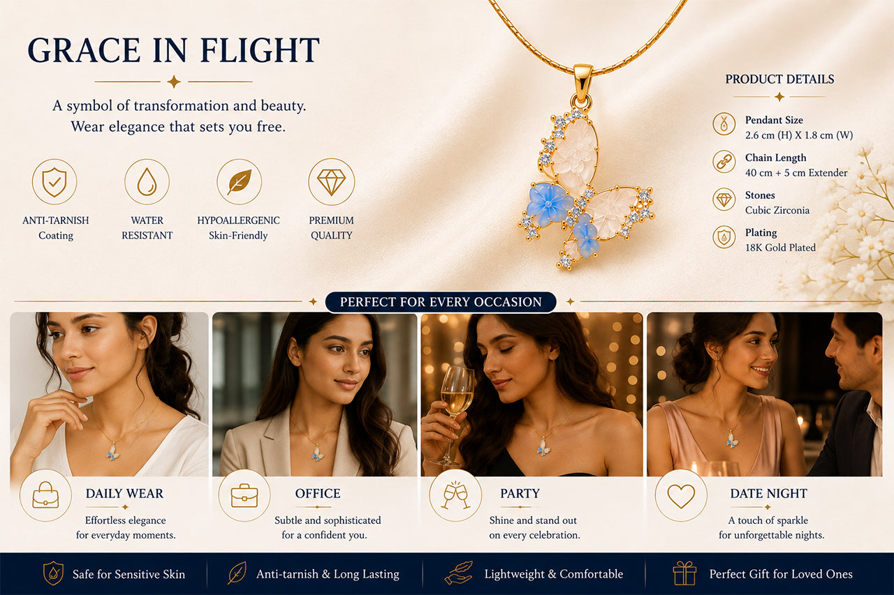 Asterials 18K Gold Plated Blue Floral Butterfly Charm Pendant Necklace