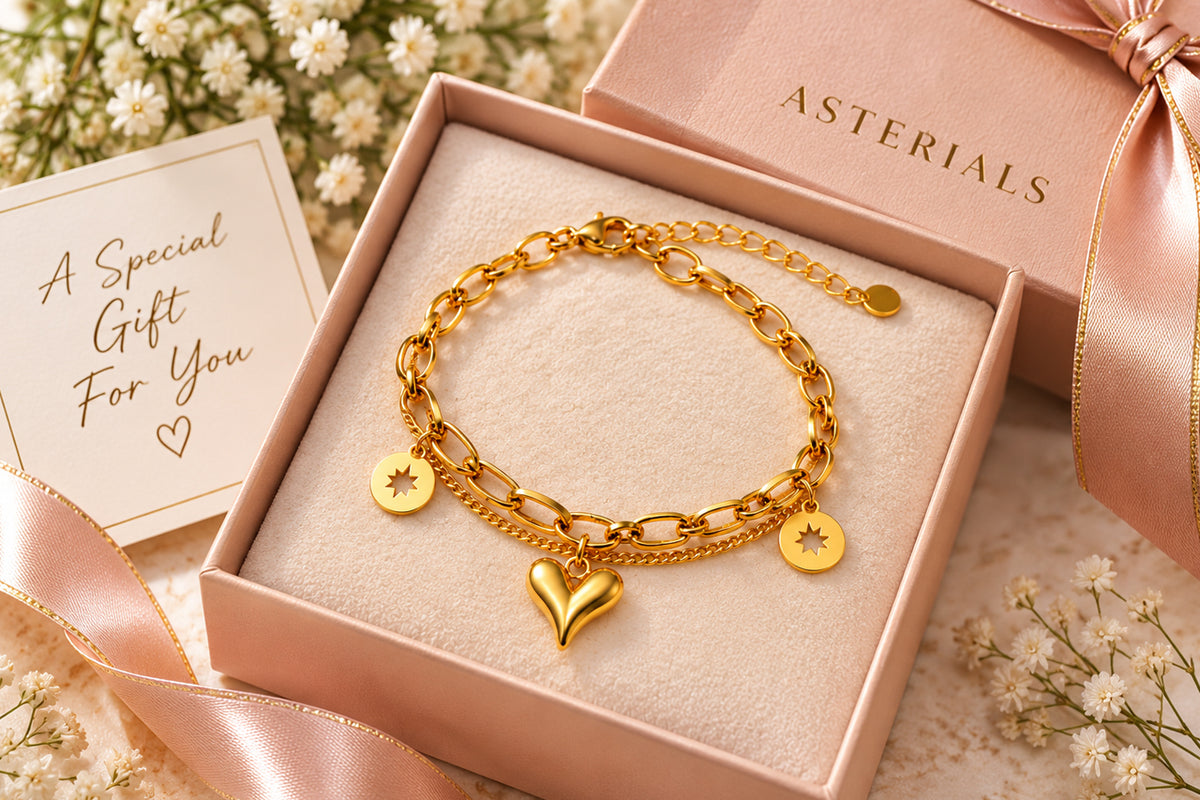 Asterials 18K Gold Plated Dual Chain Charm Bracelet for Women | Heart & Star Disc Charms | Anti-Tarnish Everyday Jewellery