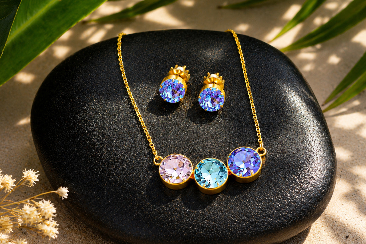 18K Gold Plated Pastel Crystal Necklace & Stud Earrings Set for Women