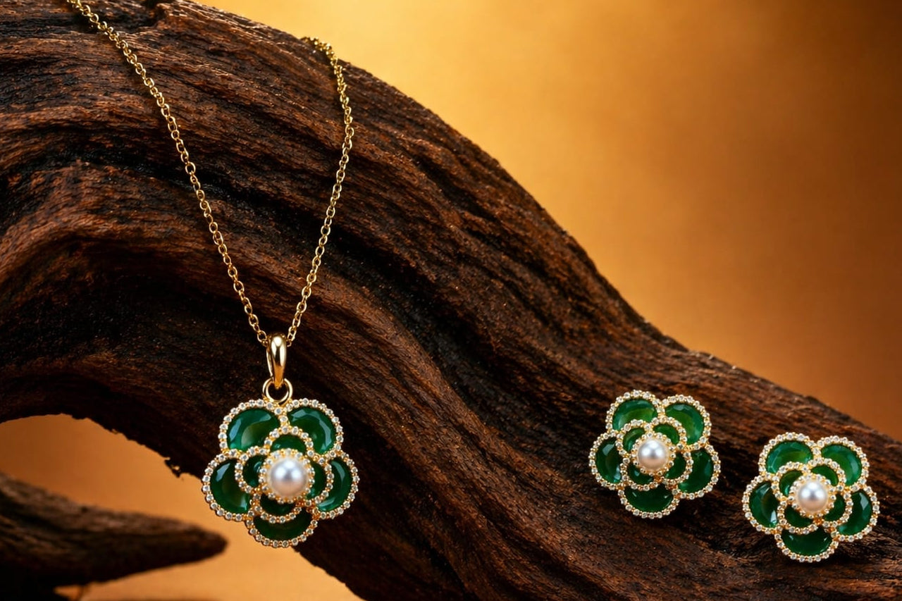 18K Gold Plated Green Floral Pendant Necklace Set with Earrings for Women