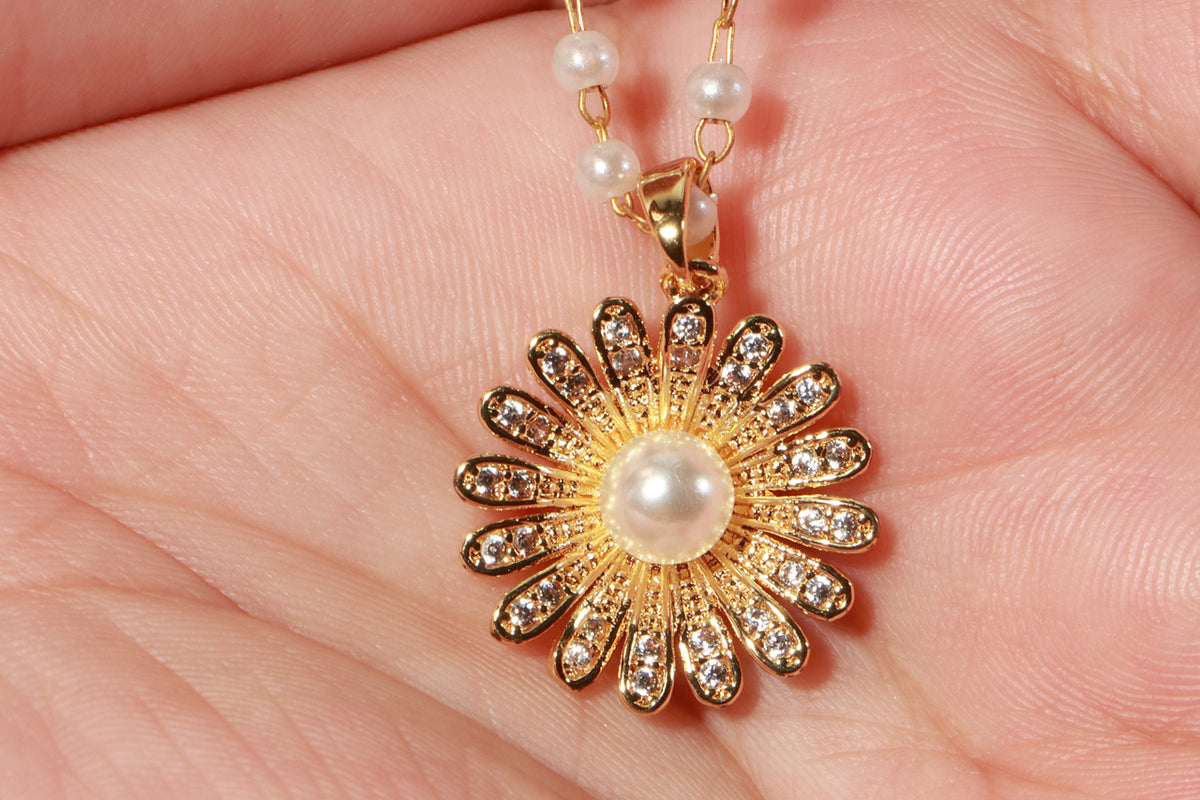 Asterials 18K Gold Plated Pearl Floral Charm Necklace for Women