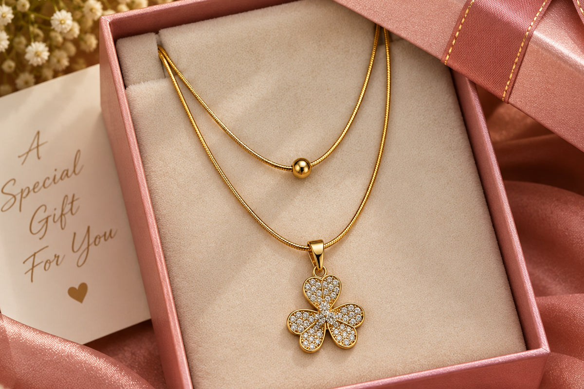 Asterials Golden Floral Cubic Zirconia Layered Pendant Necklace