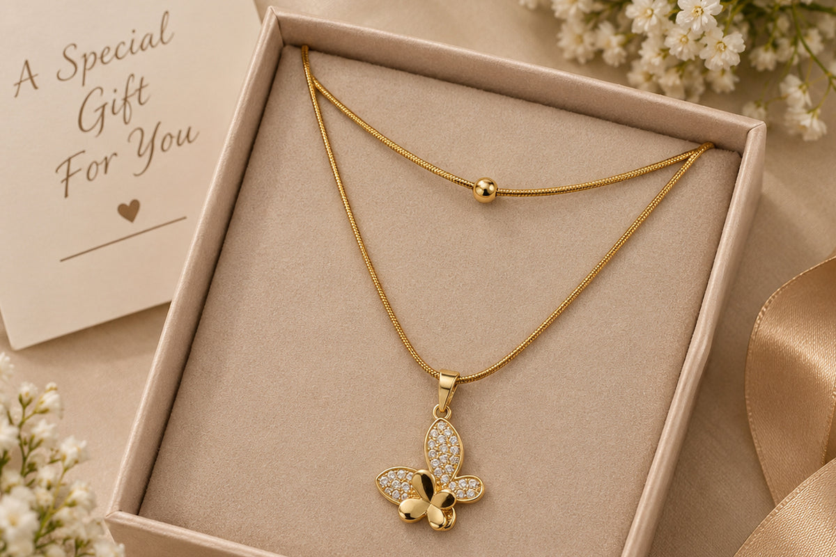 Asterials Golden Butterfly Crystal Pendant Layered Necklace