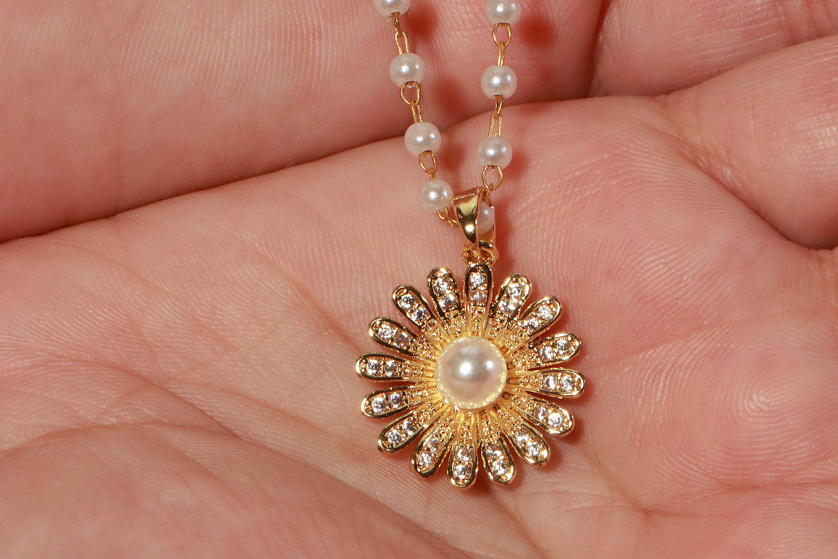 Asterials 18K Gold Plated Pearl Floral Charm Necklace for Women