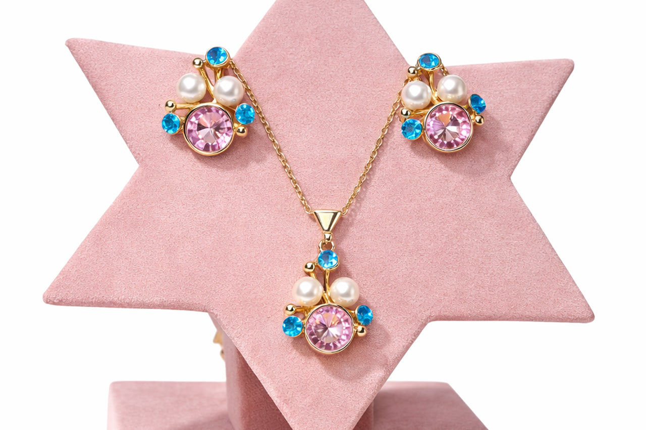 18K Gold Plated Stone with Matching Pearl & Blue Crystal Necklace Set