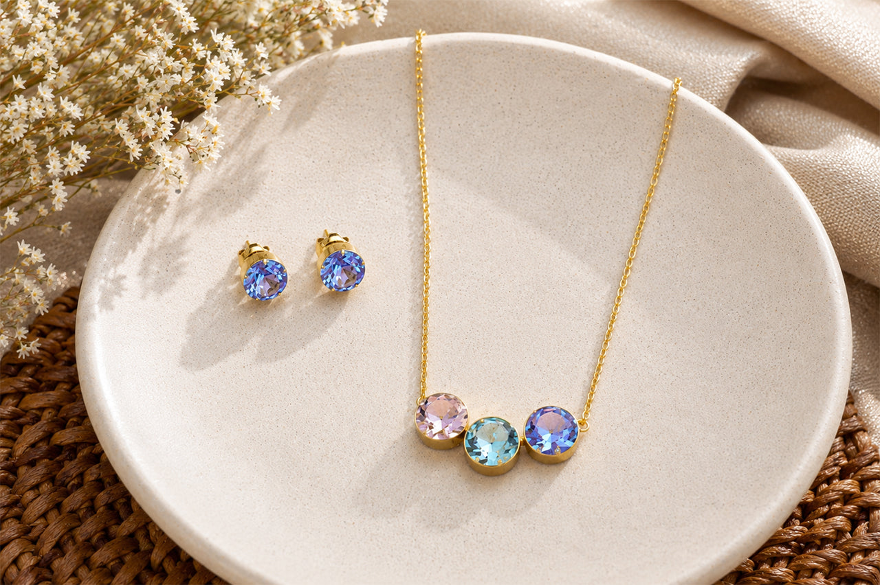 18K Gold Plated Pastel Crystal Necklace & Stud Earrings Set for Women
