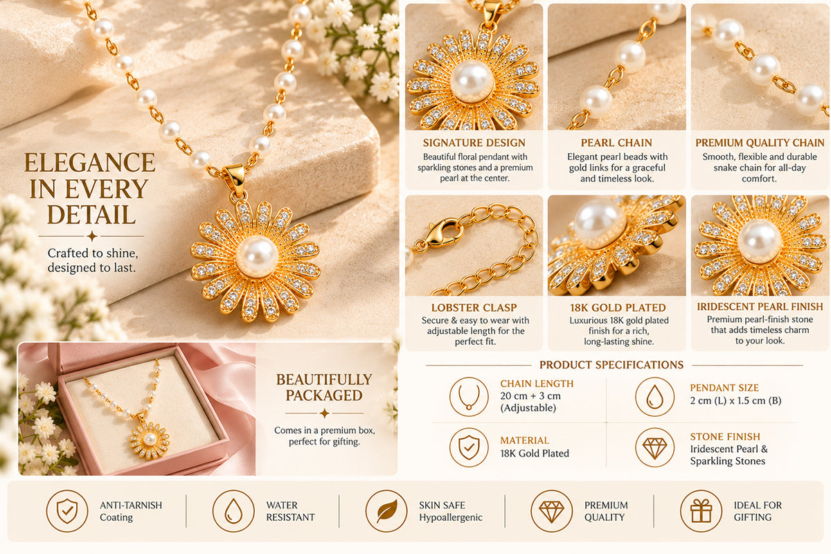 Asterials 18K Gold Plated Pearl Floral Charm Necklace for Women