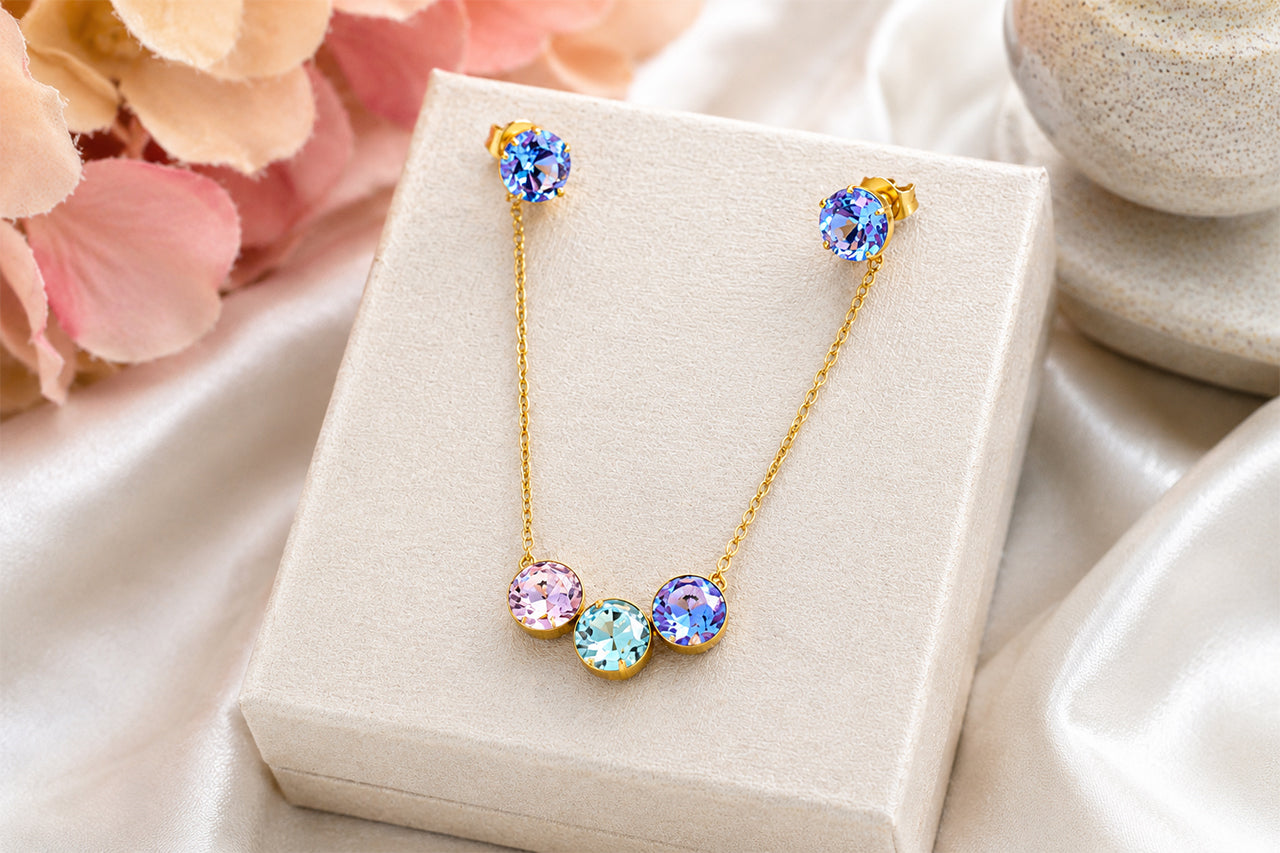 18K Gold Plated Pastel Crystal Necklace & Stud Earrings Set for Women