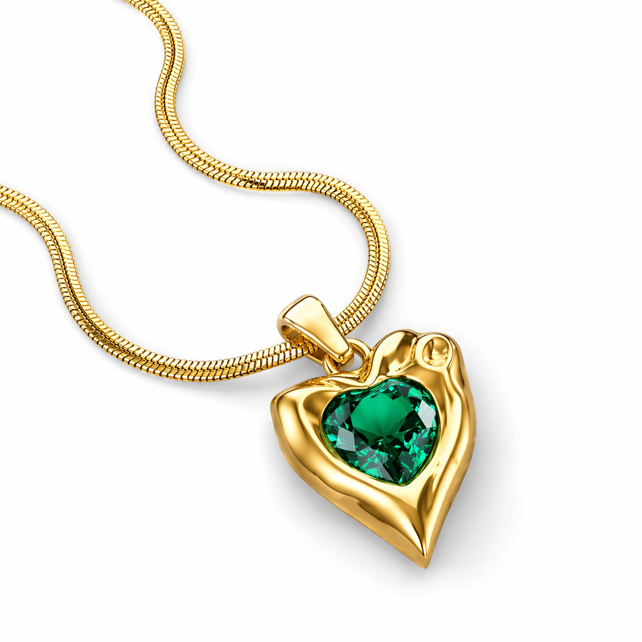 18K Gold Plated Heart Pendant Necklace with Green Gemstone