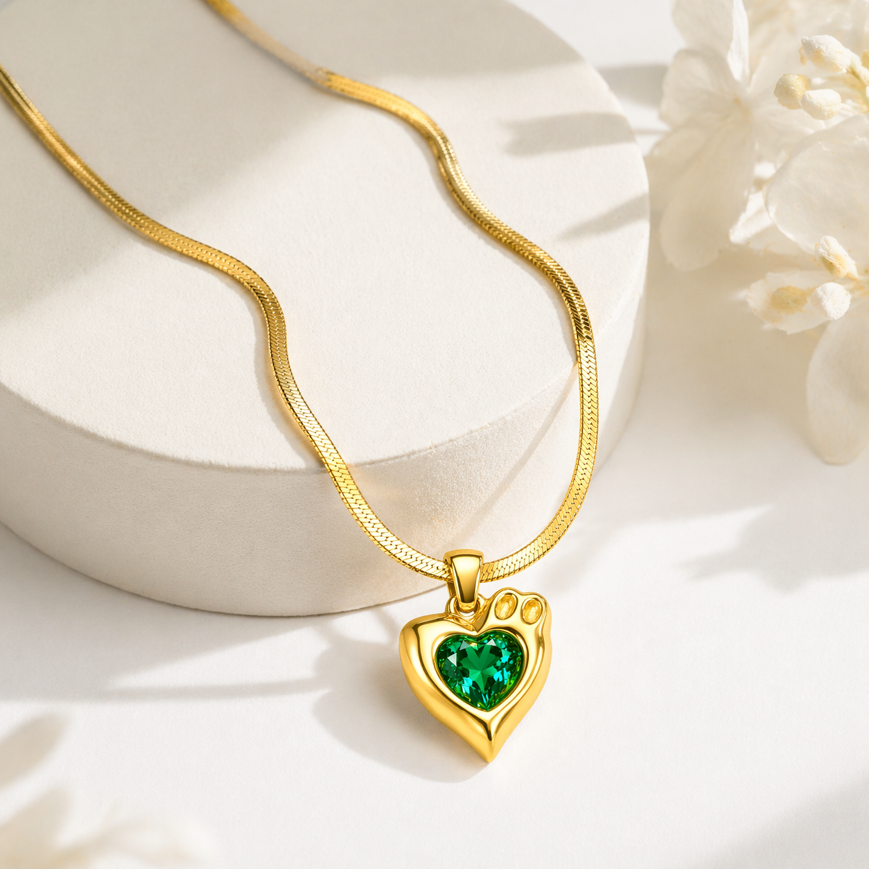 18K Gold Plated Heart Pendant Necklace with Green Gemstone