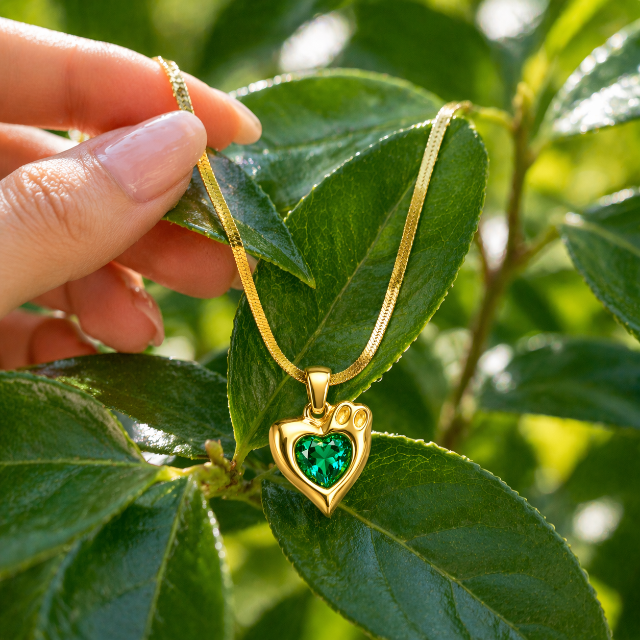 18K Gold Plated Heart Pendant Necklace with Green Gemstone