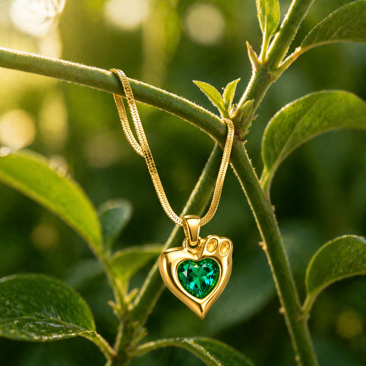 18K Gold Plated Heart Pendant Necklace with Green Gemstone