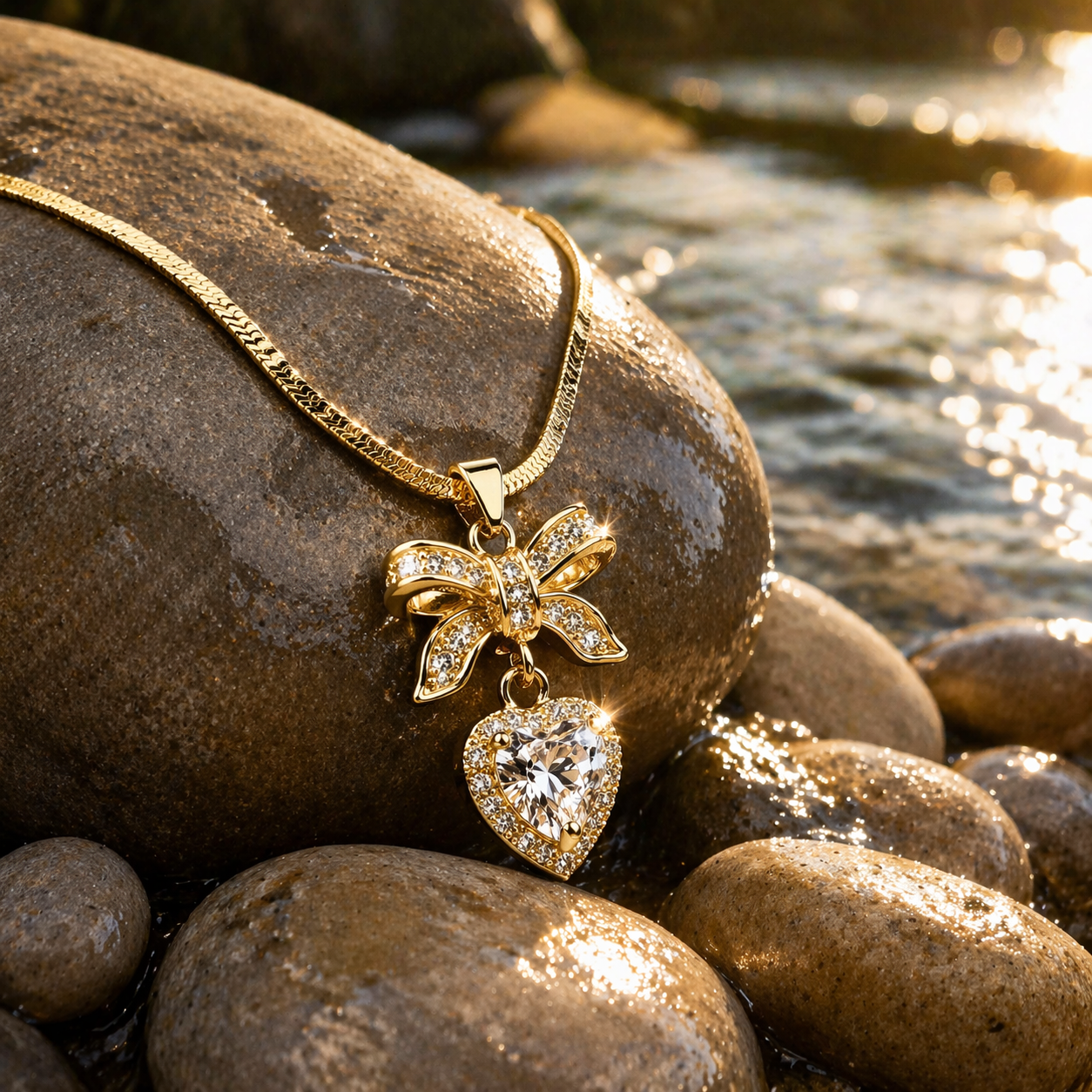 18K Gold Plated Bow Heart Pendant Necklace for Women