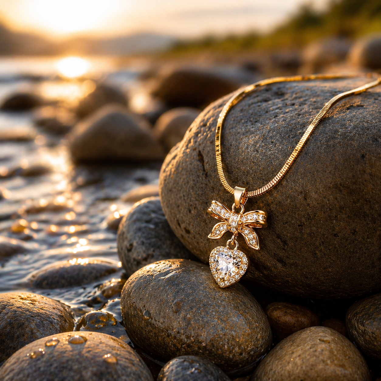 18K Gold Plated Bow Heart Pendant Necklace for Women