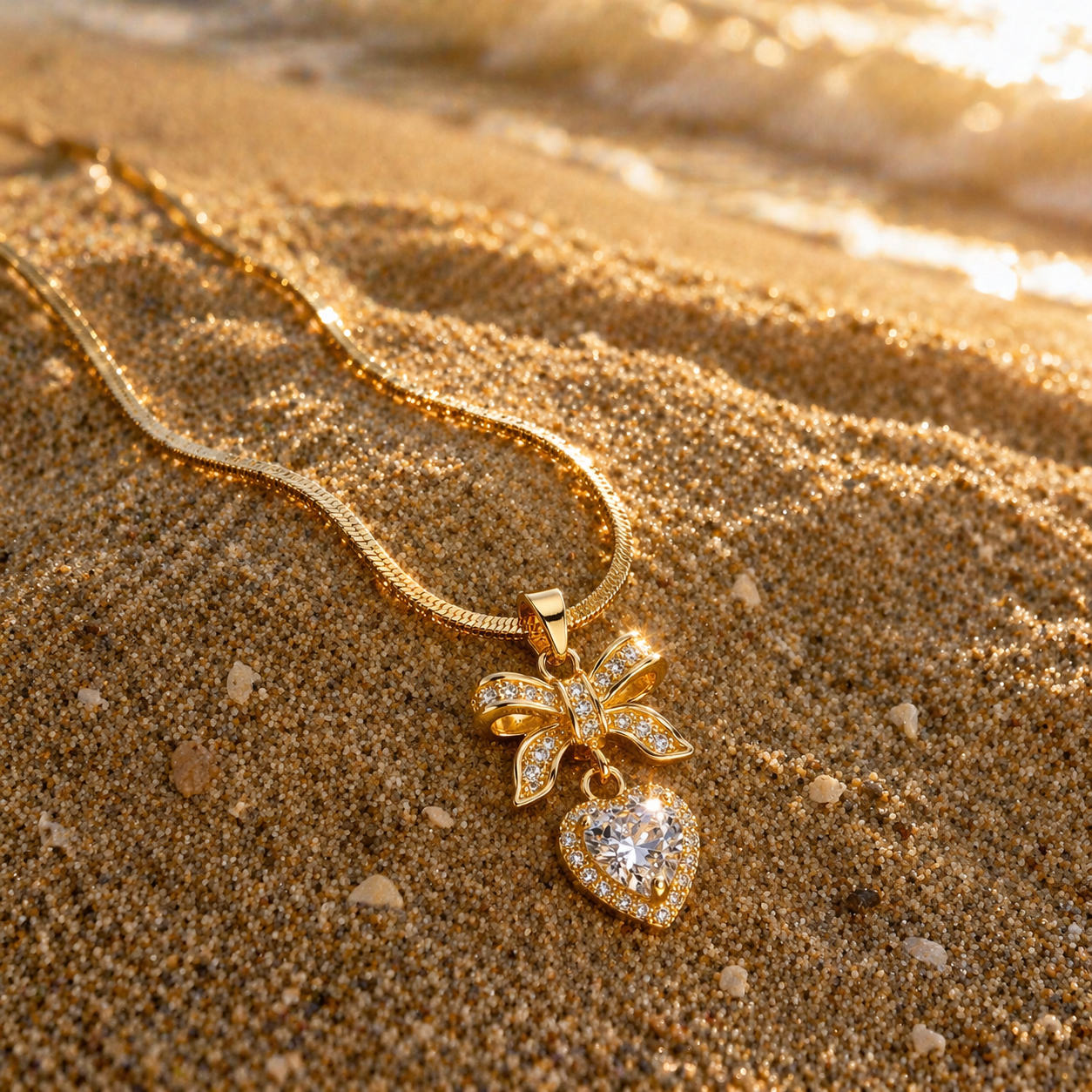 18K Gold Plated Bow Heart Pendant Necklace for Women