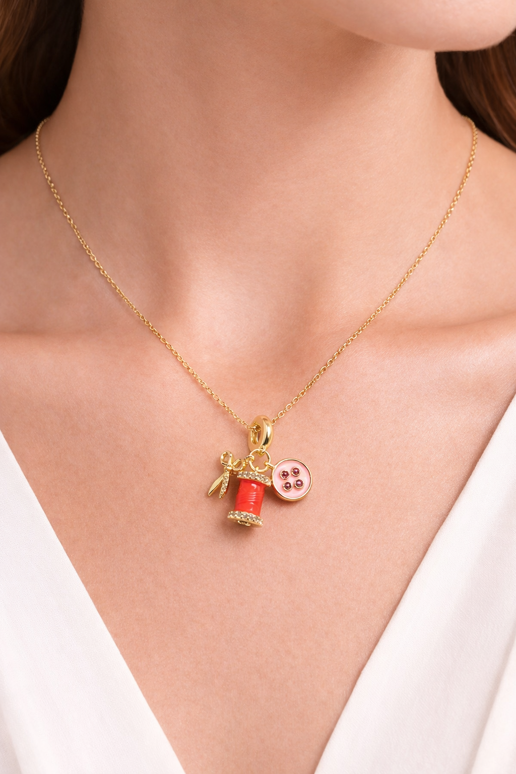 Anti-Tarnish 18K Gold Plated  (3 Micron) Sewing Charm Necklace