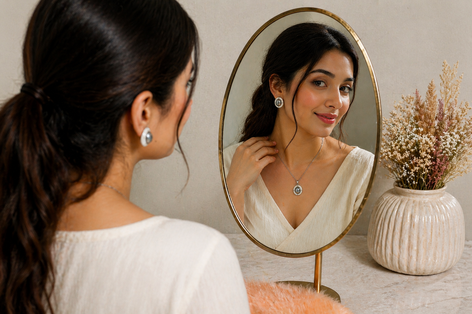 Elegant Pearl Oval Stud Earrings for Women | Matching Pendant Necklace Set