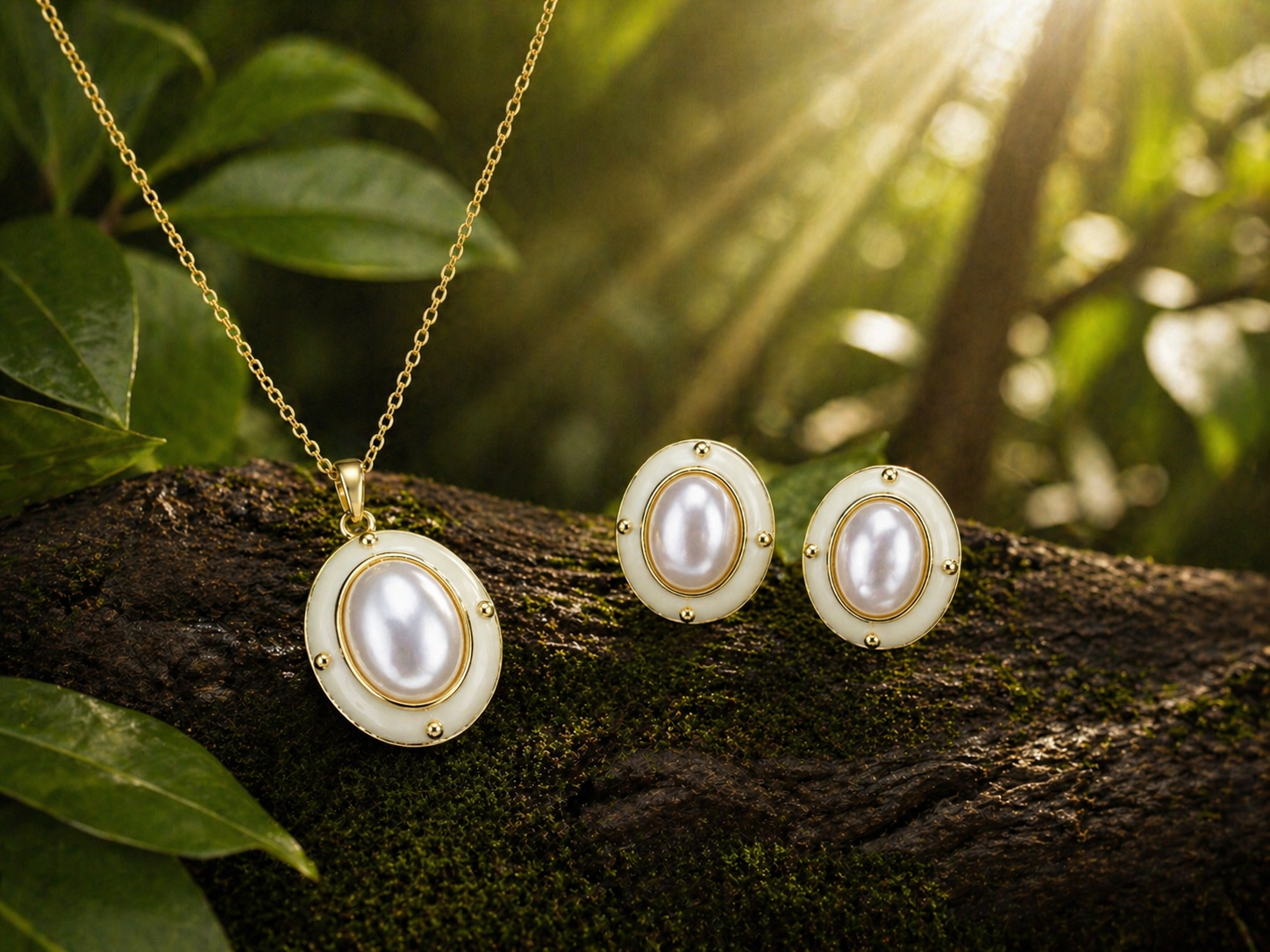 Elegant Pearl Oval Stud Earrings for Women | Matching Pendant Necklace Set