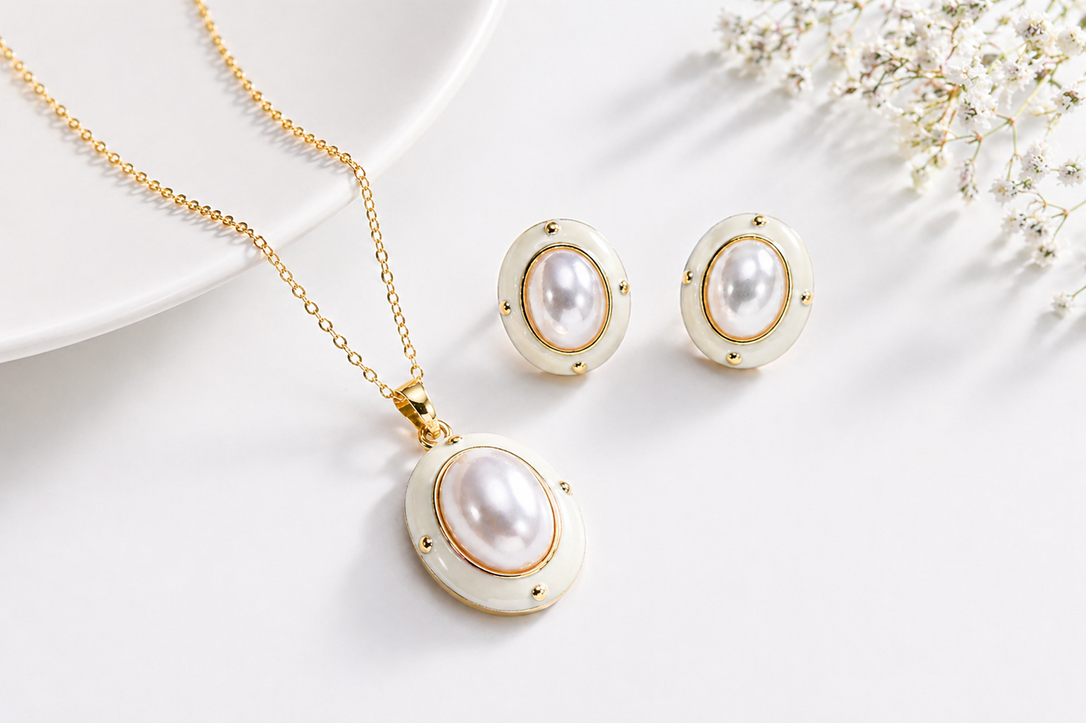 Elegant Pearl Oval Stud Earrings for Women | Matching Pendant Necklace Set