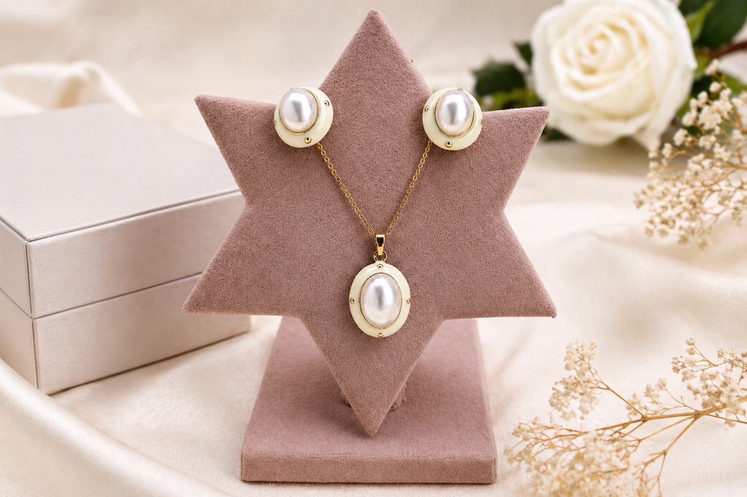 Elegant Pearl Oval Stud Earrings for Women | Matching Pendant Necklace Set