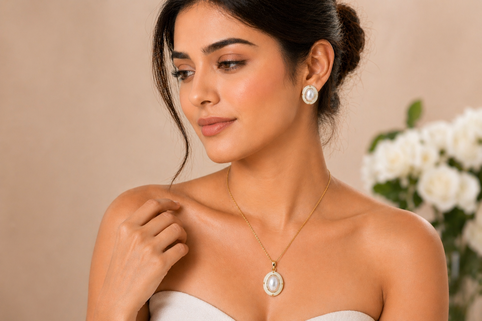 Elegant Pearl Oval Stud Earrings for Women | Matching Pendant Necklace Set
