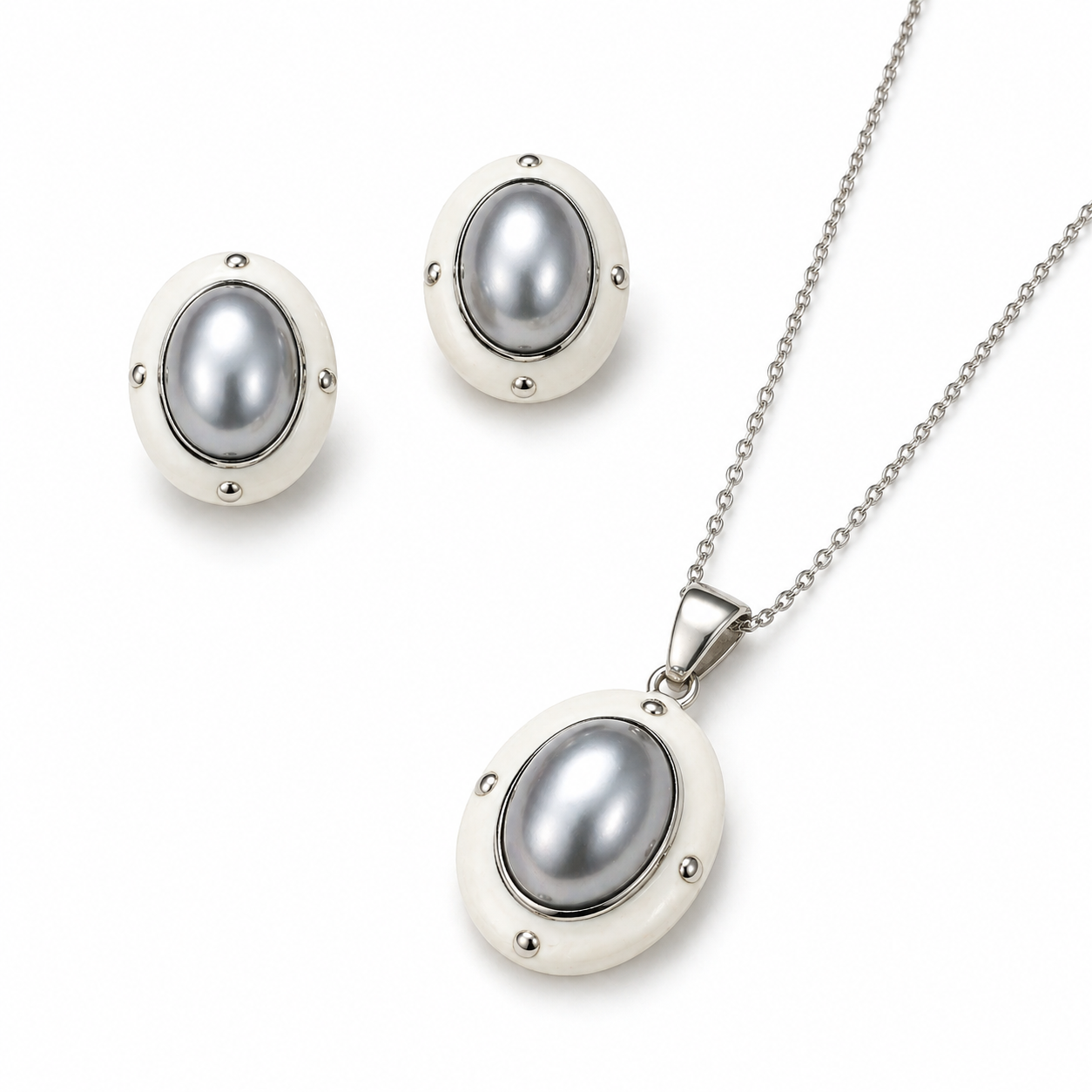 Elegant Pearl Oval Stud Earrings for Women | Matching Pendant Necklace Set