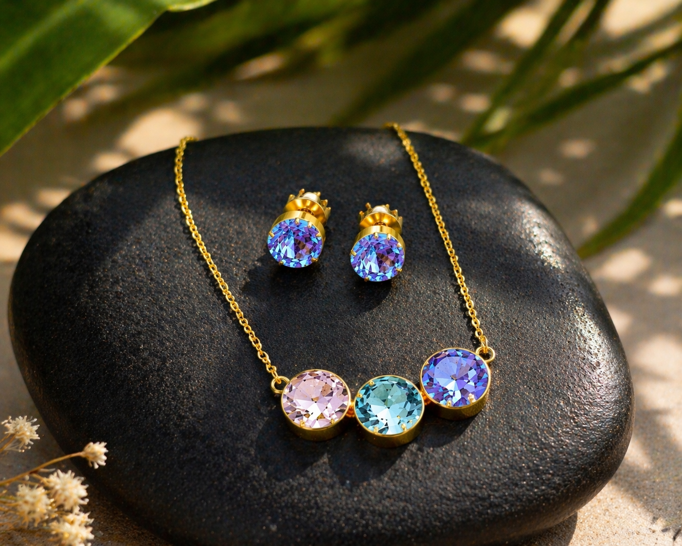 18K Gold Plated Pastel Crystal Necklace & Stud Earrings Set for Women