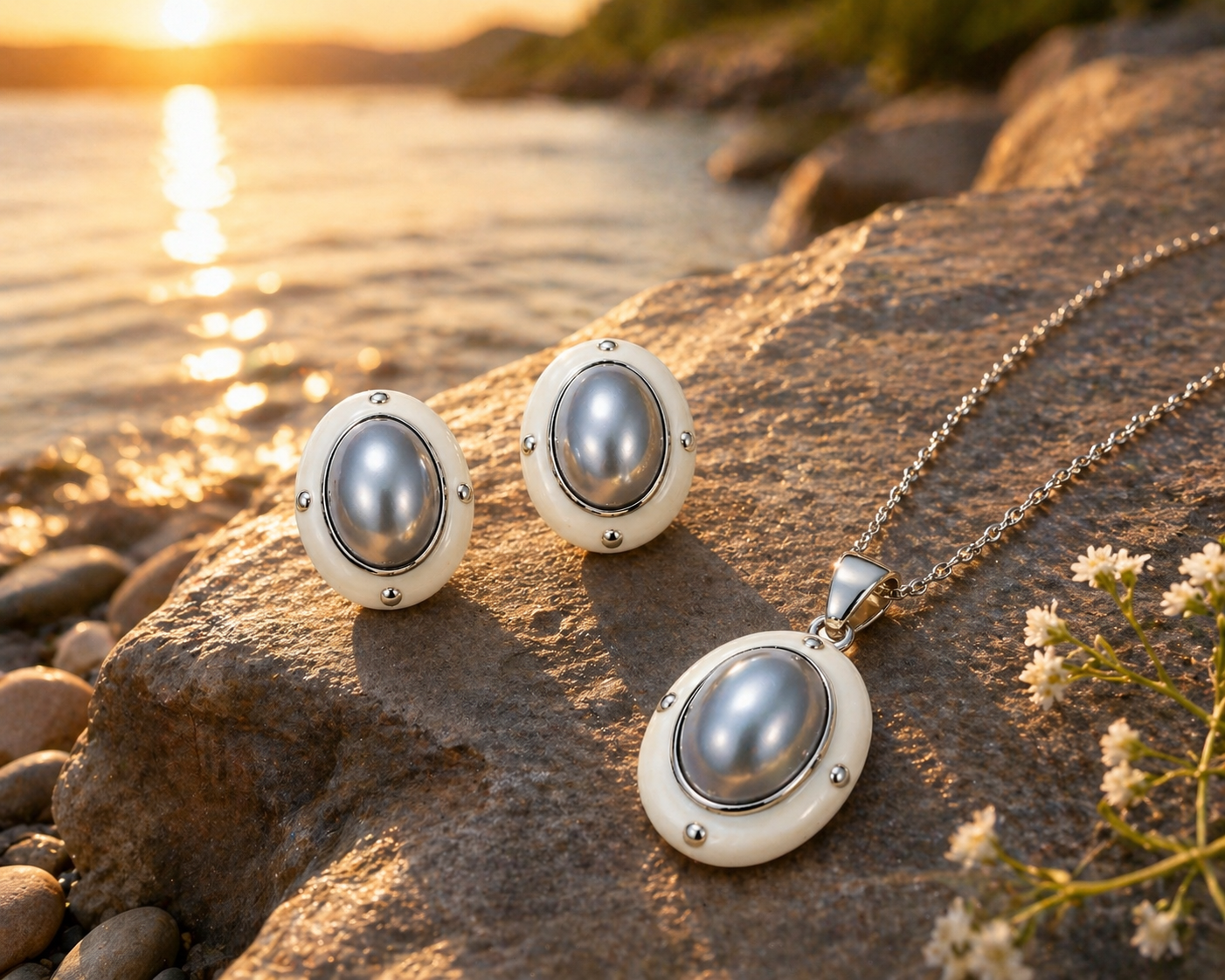Elegant Pearl Oval Stud Earrings for Women | Matching Pendant Necklace Set