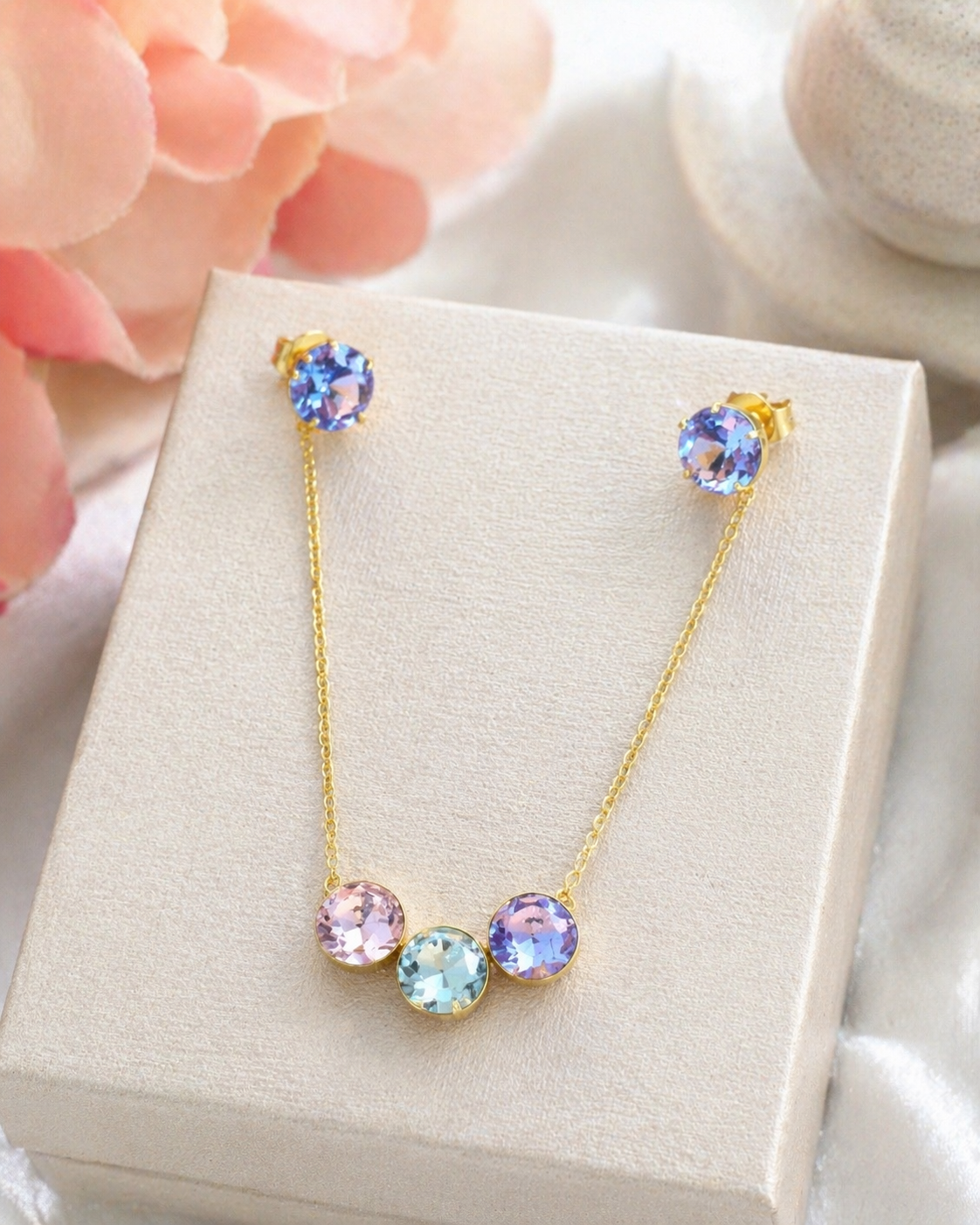 18K Gold Plated Pastel Crystal Necklace & Stud Earrings Set for Women