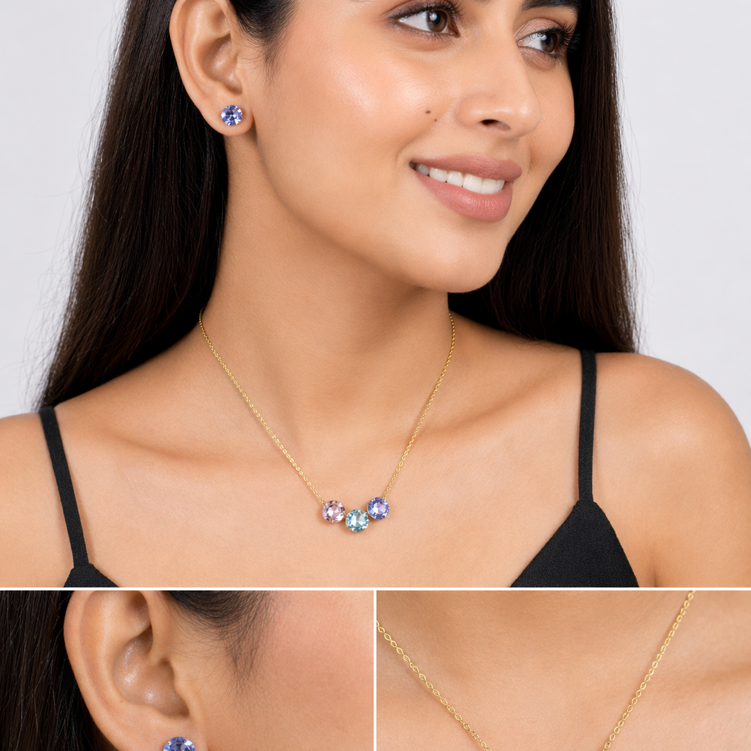 18K Gold Plated Pastel Crystal Necklace & Stud Earrings Set for Women