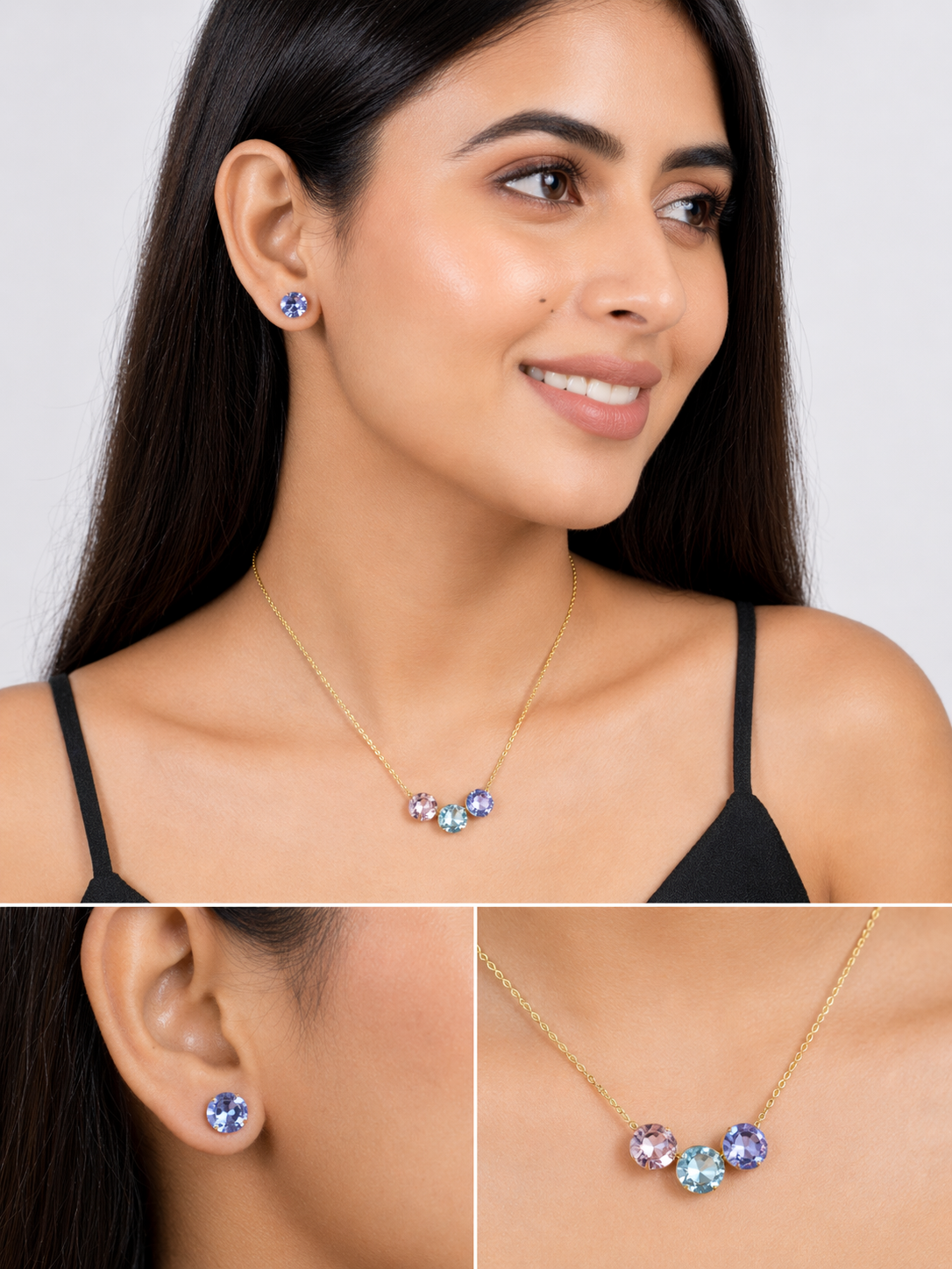 18K Gold Plated Pastel Crystal Necklace & Stud Earrings Set for Women