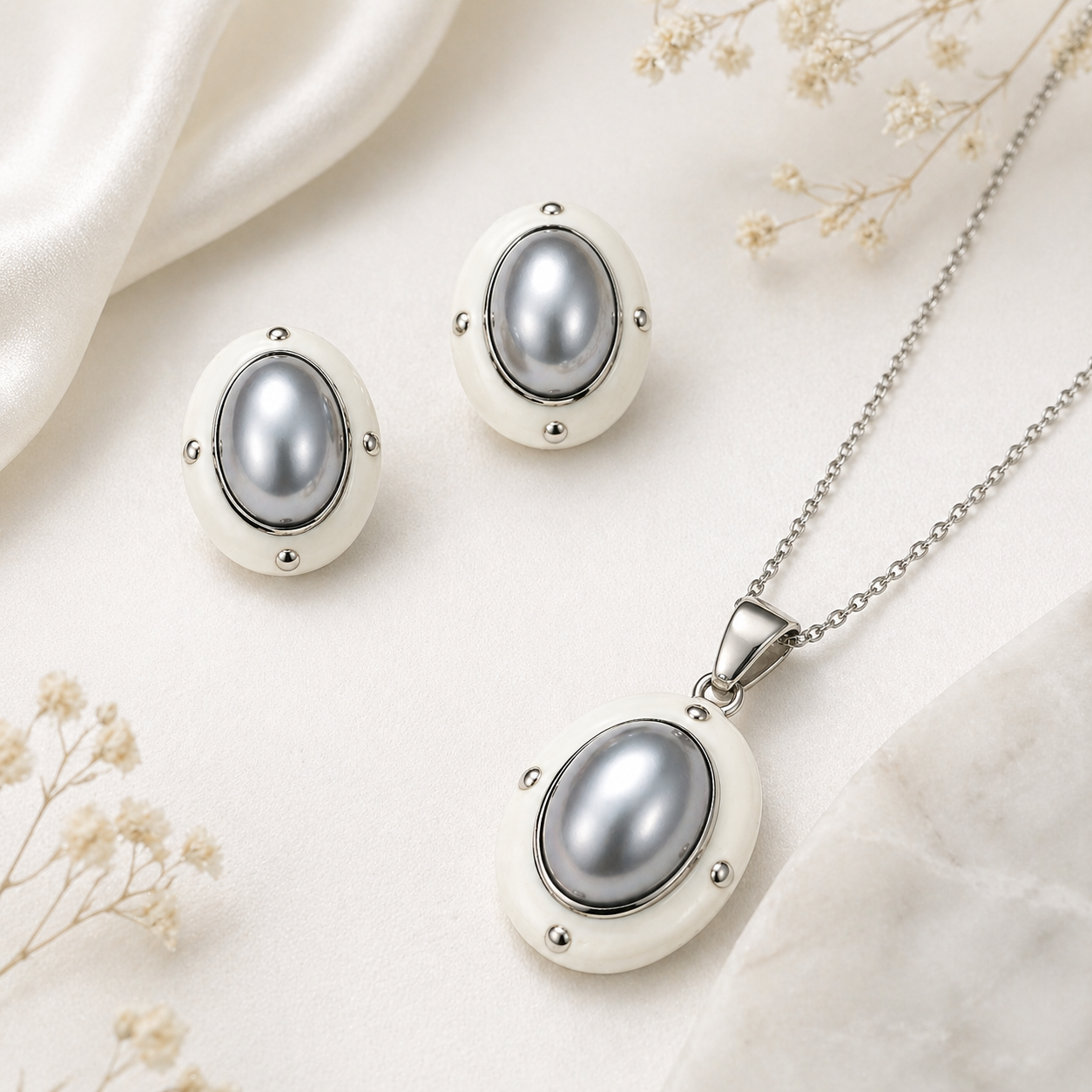 Elegant Pearl Oval Stud Earrings for Women | Matching Pendant Necklace Set