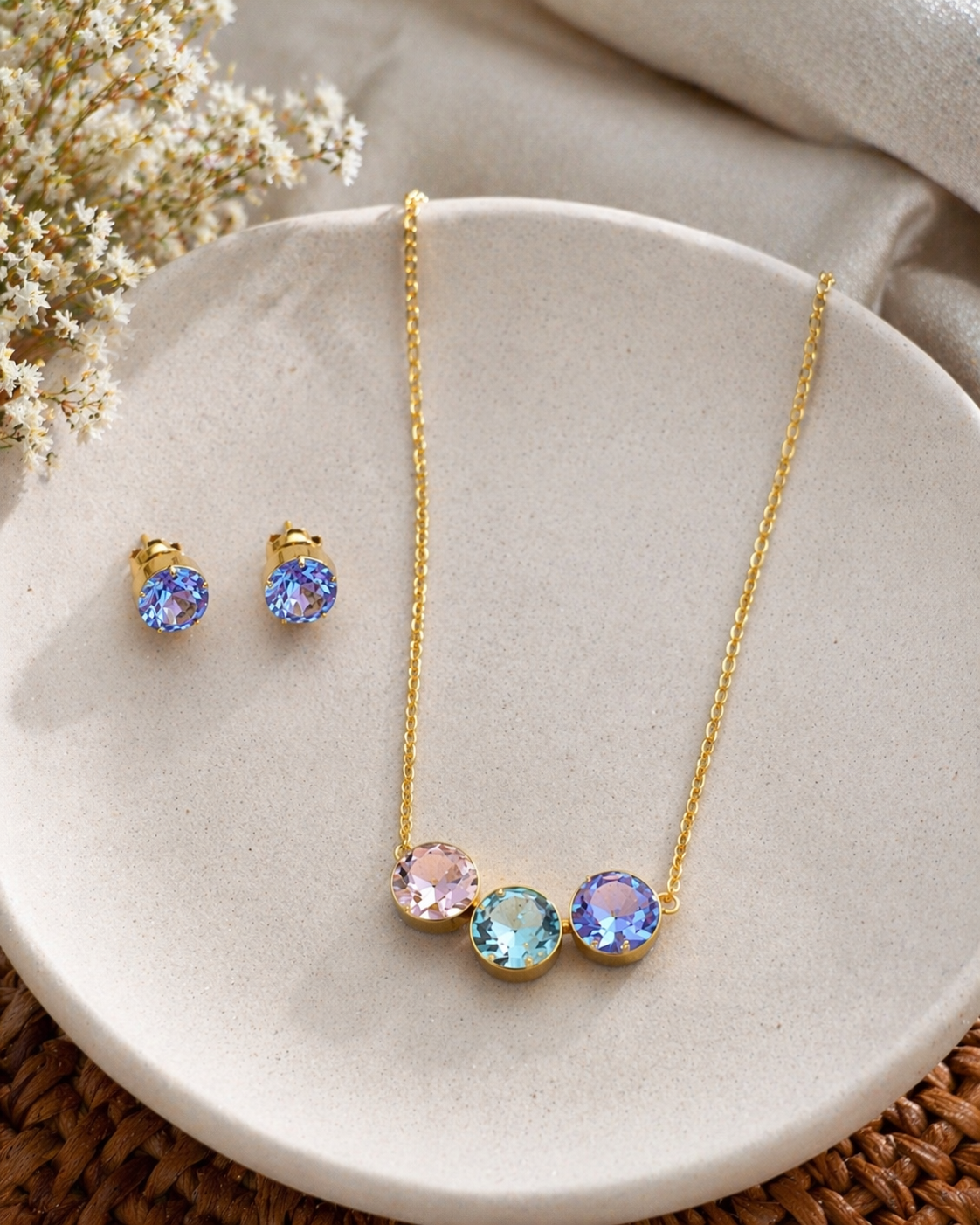 18K Gold Plated Pastel Crystal Necklace & Stud Earrings Set for Women